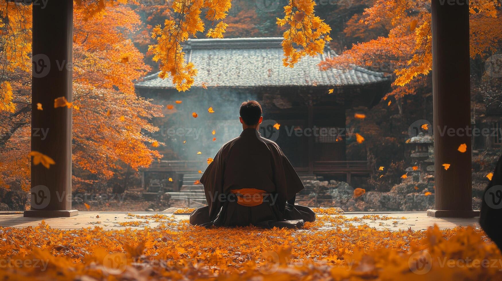 A lone figure meditates amidst falling autumn leaves in a Japanese temple. photo