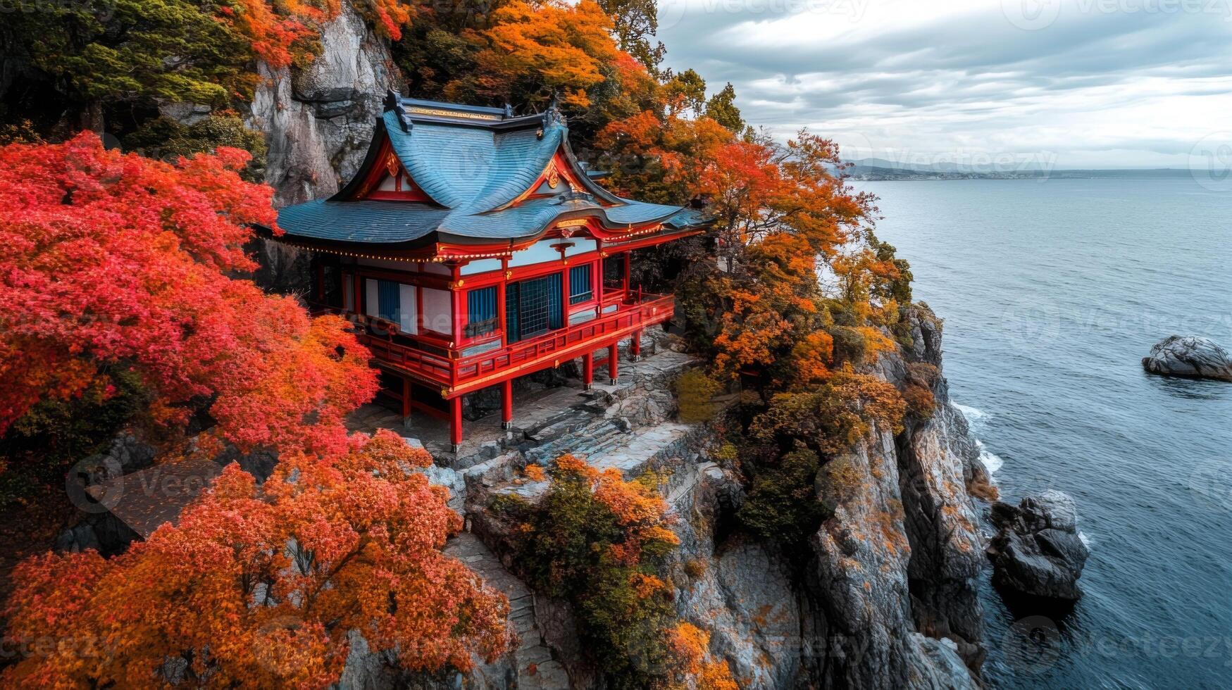 Red Japanese Temple Perched on a Cliffside Overlooking the Ocean photo