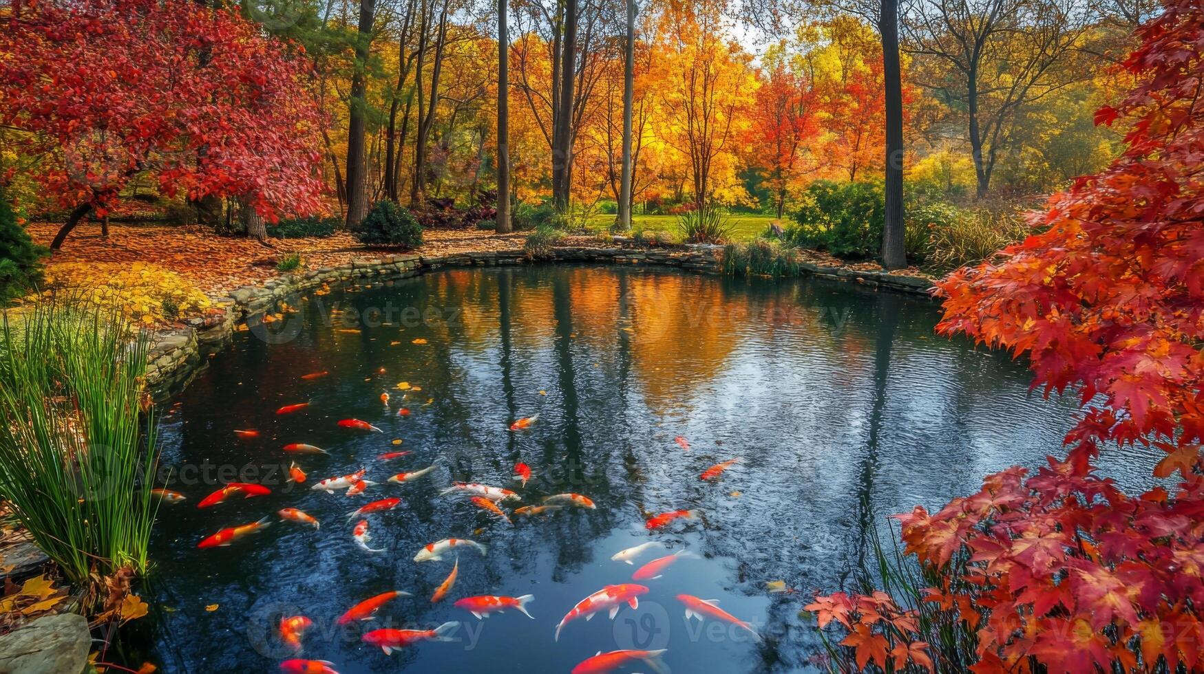 Koi Fish Swimming in Autumn Pond with Colorful Trees photo