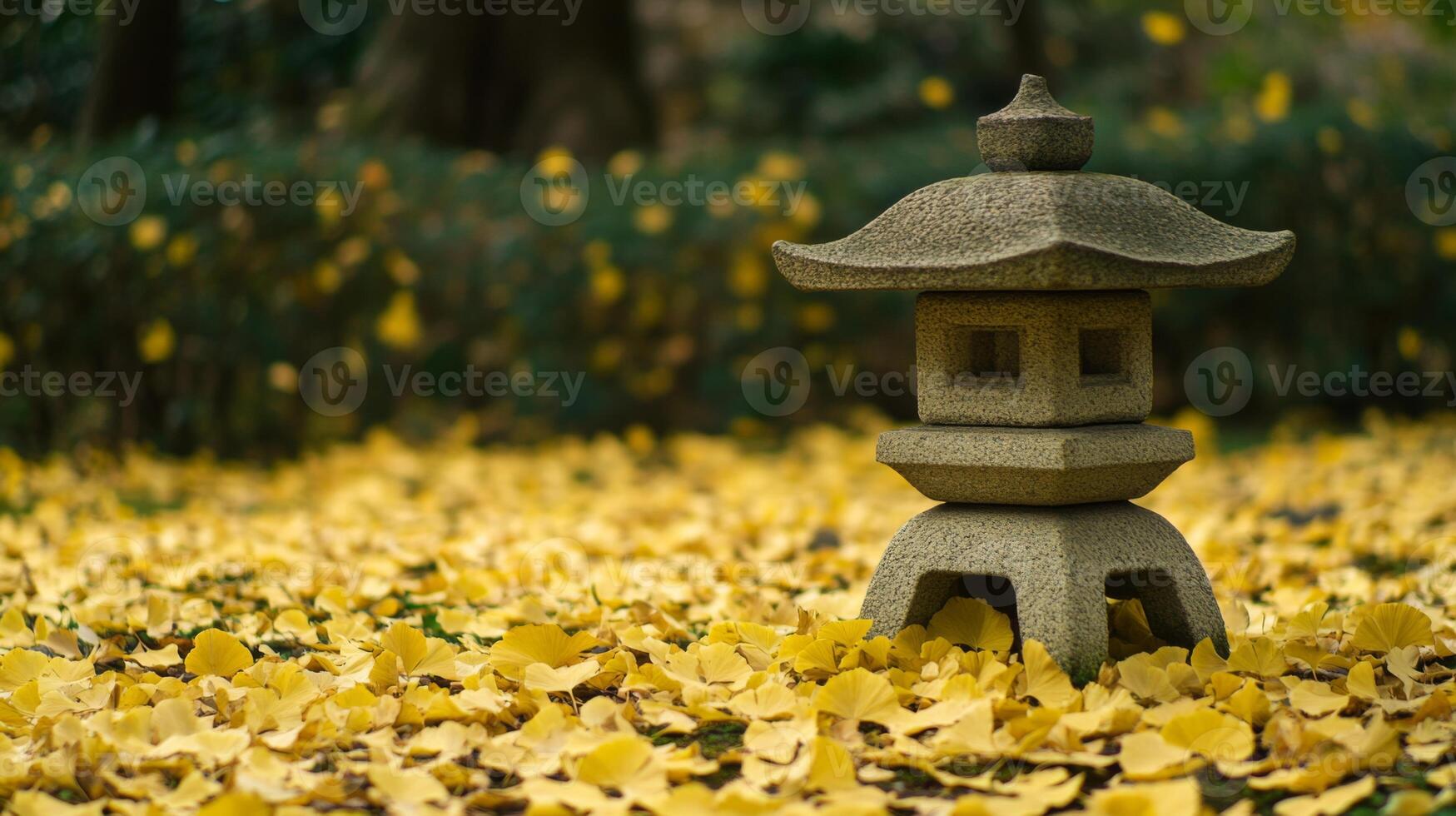 Stone Lantern Amidst a Blanket of Golden Ginkgo Leaves photo