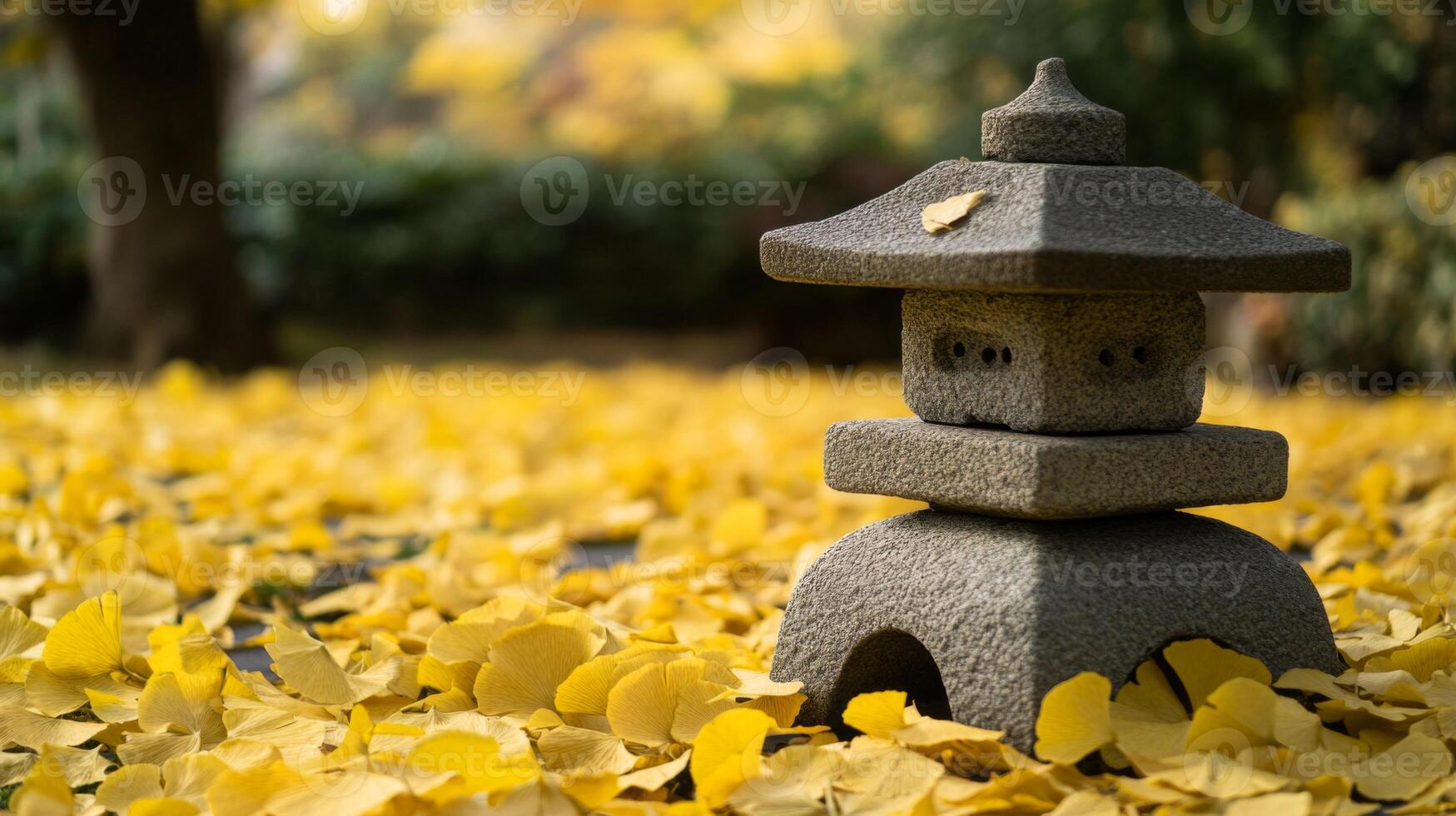 Stone Lantern Amidst a Carpet of Golden Ginkgo Leaves photo
