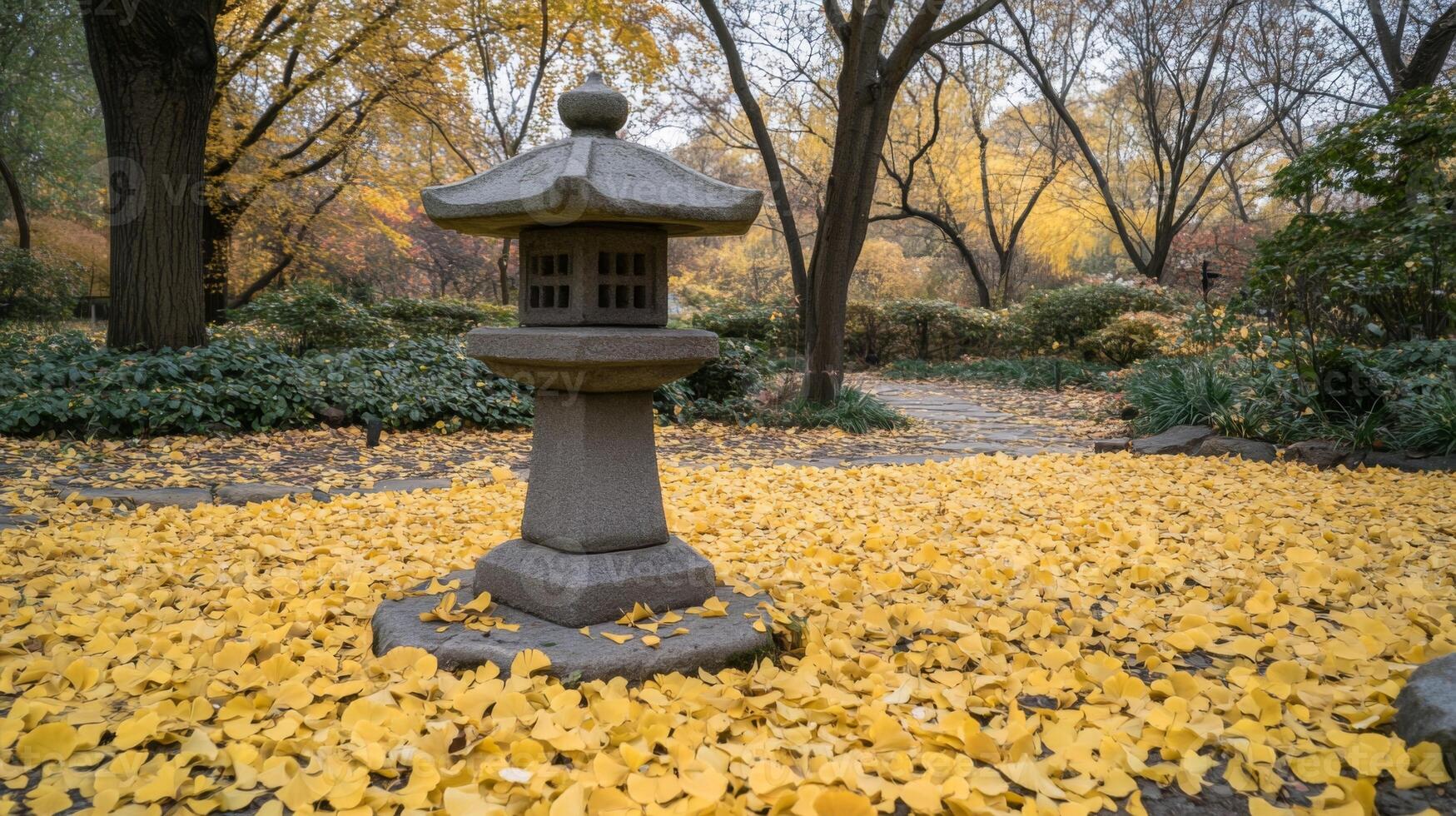 Stone Lantern in a Ginkgo Tree Garden photo