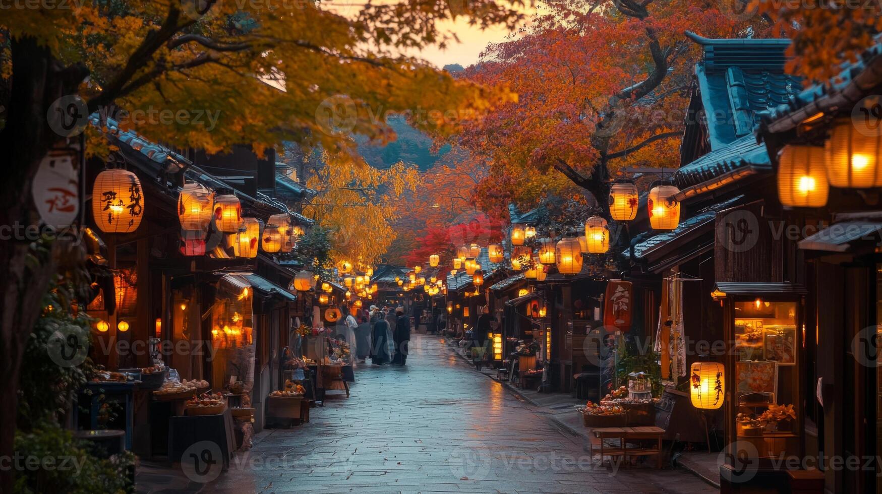 Illuminated Street in a Japanese Town at Dusk photo