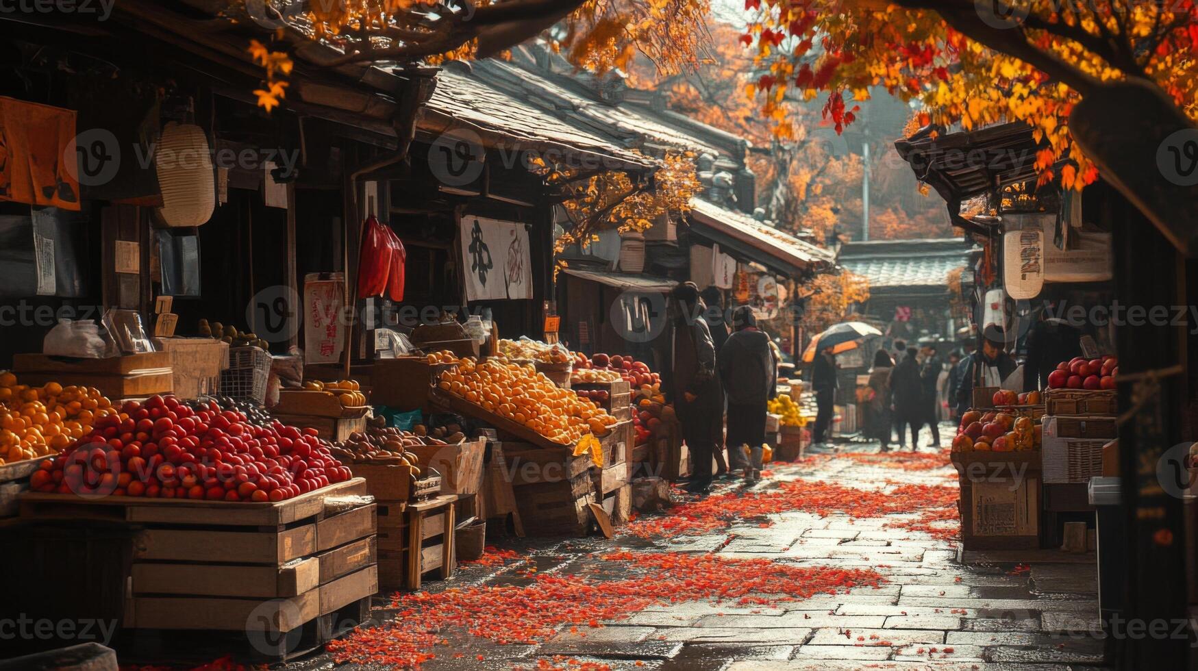 A Street Market in Japan with Autumn Leaves and Fruit photo