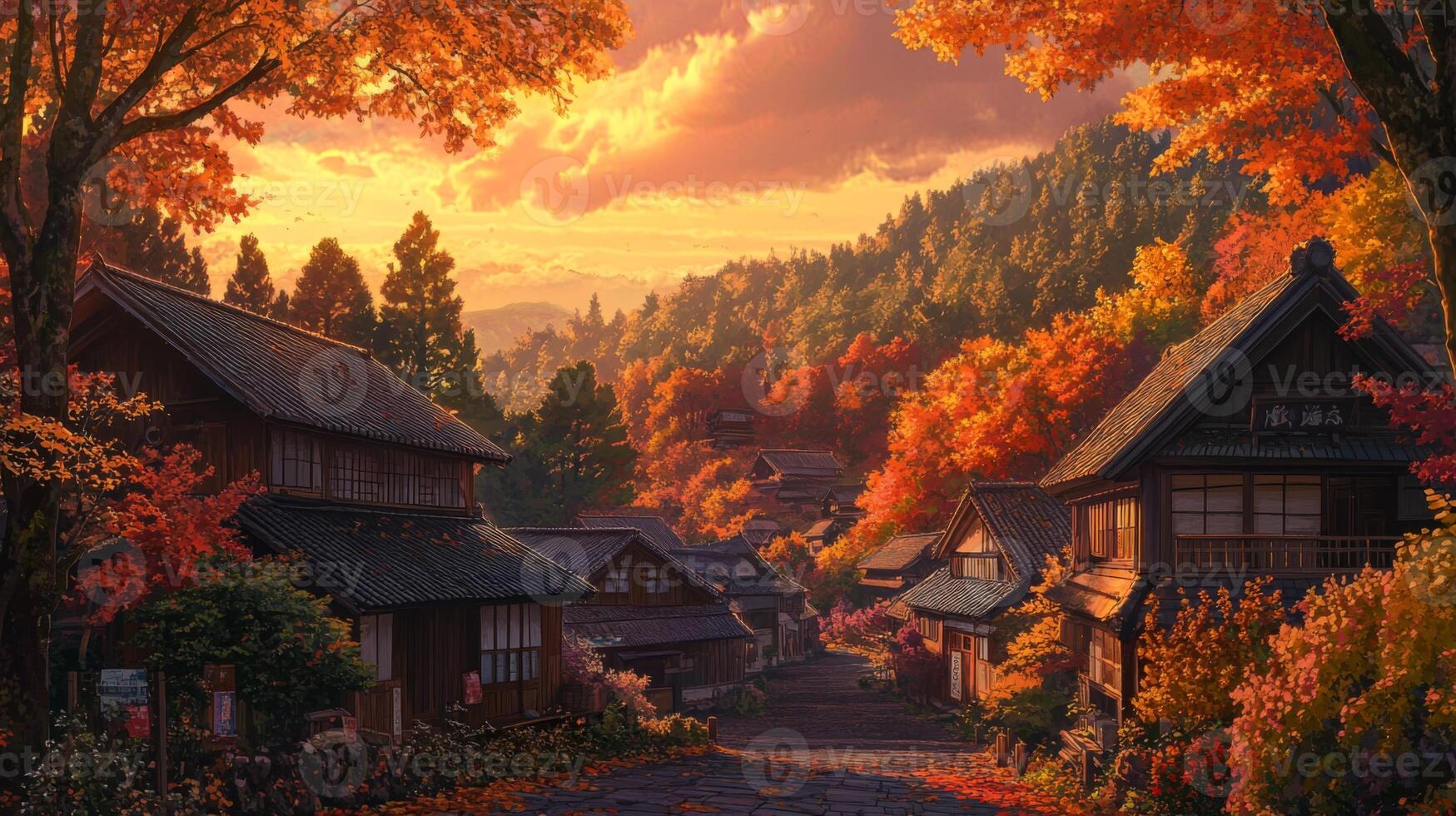 Autumnal Japanese Village Street with Traditional Houses photo