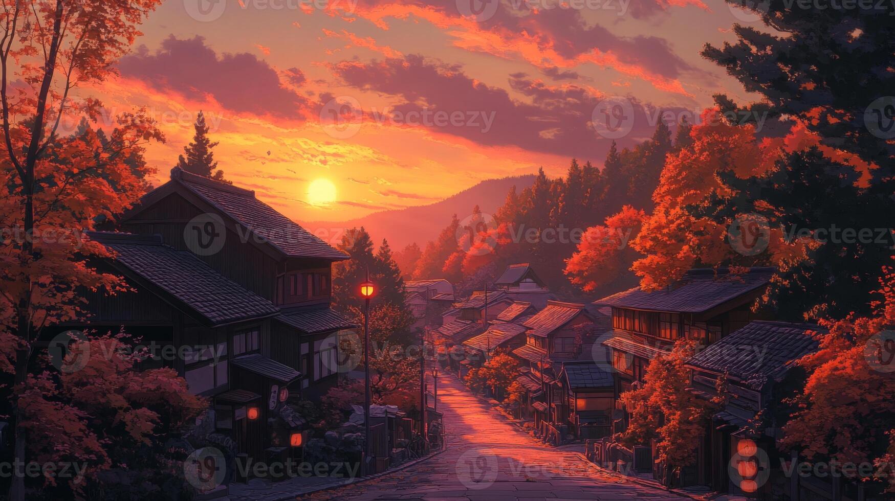 Sunset over a Japanese Village Street with Autumn Leaves photo