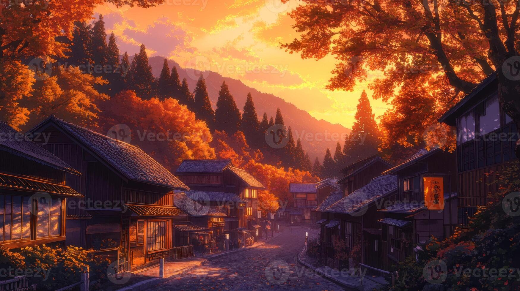 Japanese Village Street at Sunset with Autumn Foliage photo