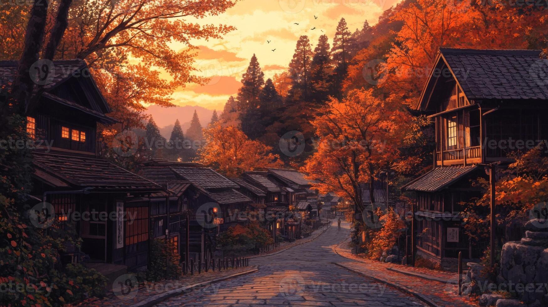 A quaint Japanese village street lined with traditional wooden houses during autumn sunset. photo