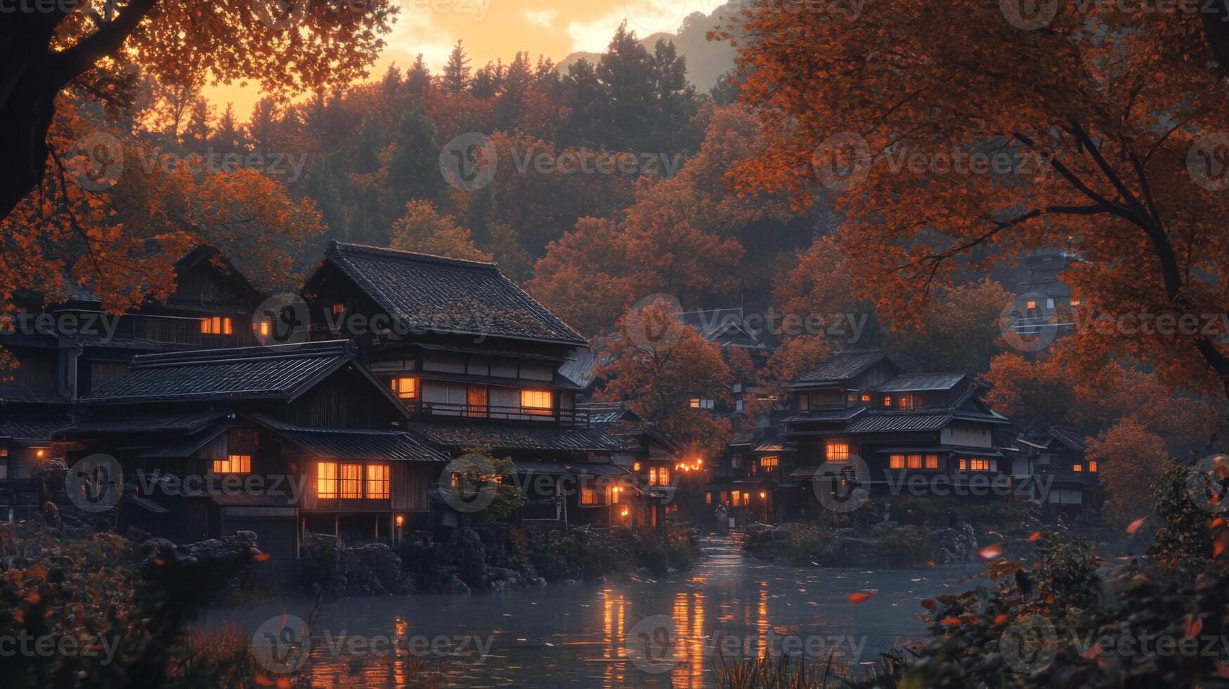 Traditional Japanese Houses in a Misty Autumn Forest photo