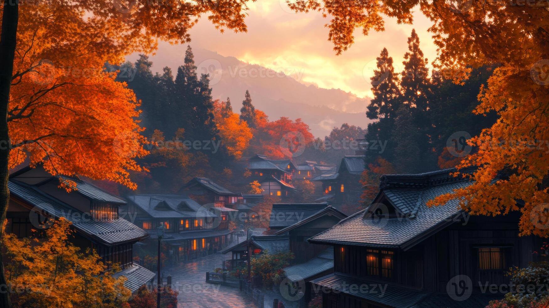 Japanese Village at Sunset with Autumn Foliage photo