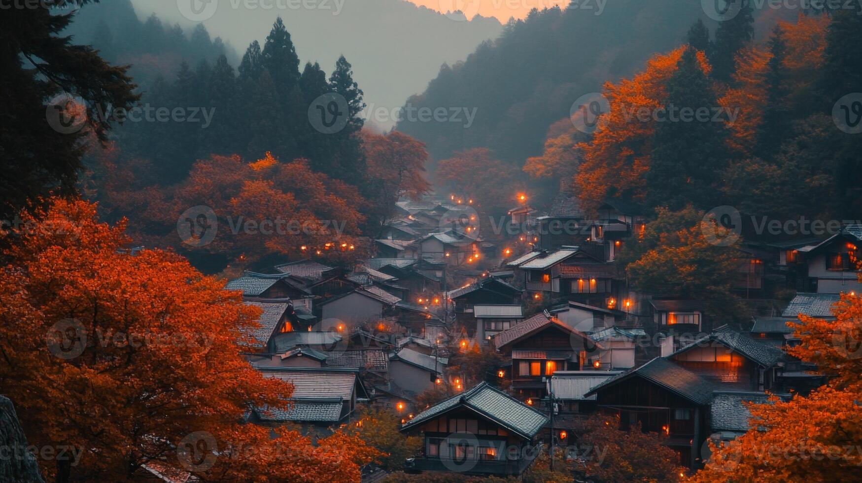 Misty Mountain Village with Autumn Foliage and Glowing Lights photo