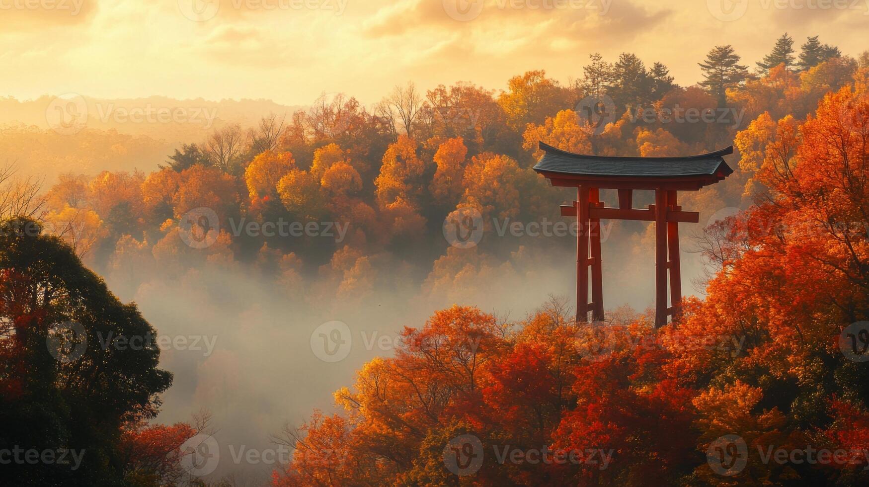 A Traditional Japanese Gate in a Misty Autumn Forest photo