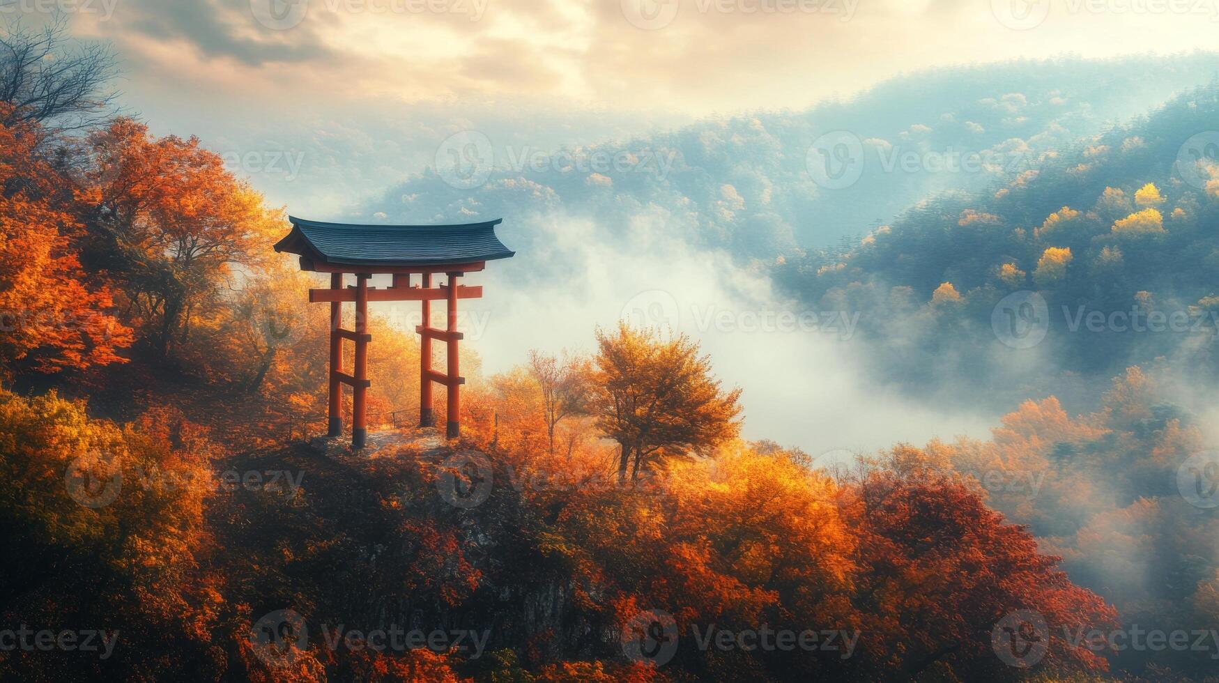 A Red Torii Gate Stands on a Cliff Overlooking a Misty Forest in Autumn photo
