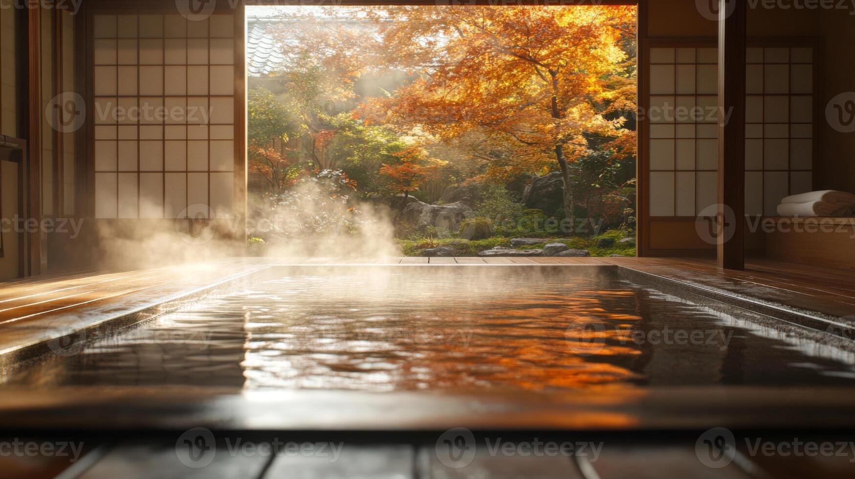 Japanese Onsen Bath with Autumnal View photo