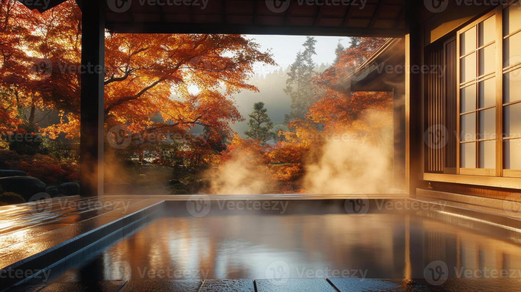 Steam Rising from a Hot Spring Bath with Autumn Forest View photo