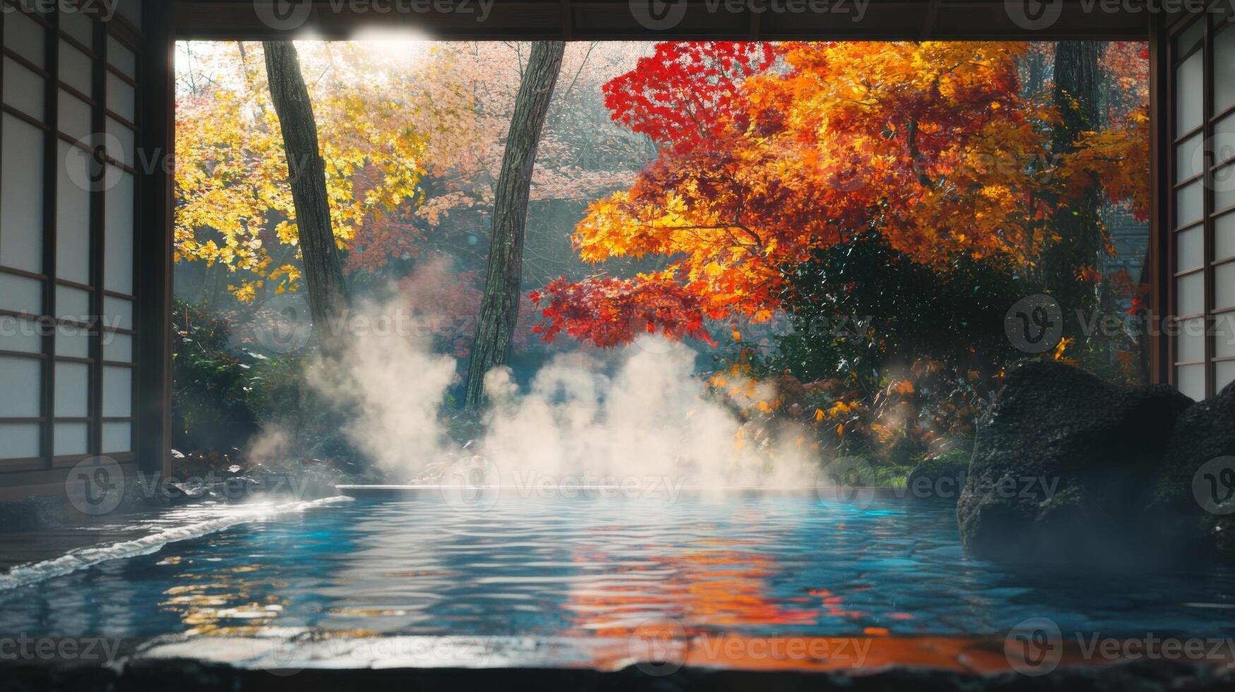 Tranquil Onsen Bath with Steam and Autumn Leaves photo