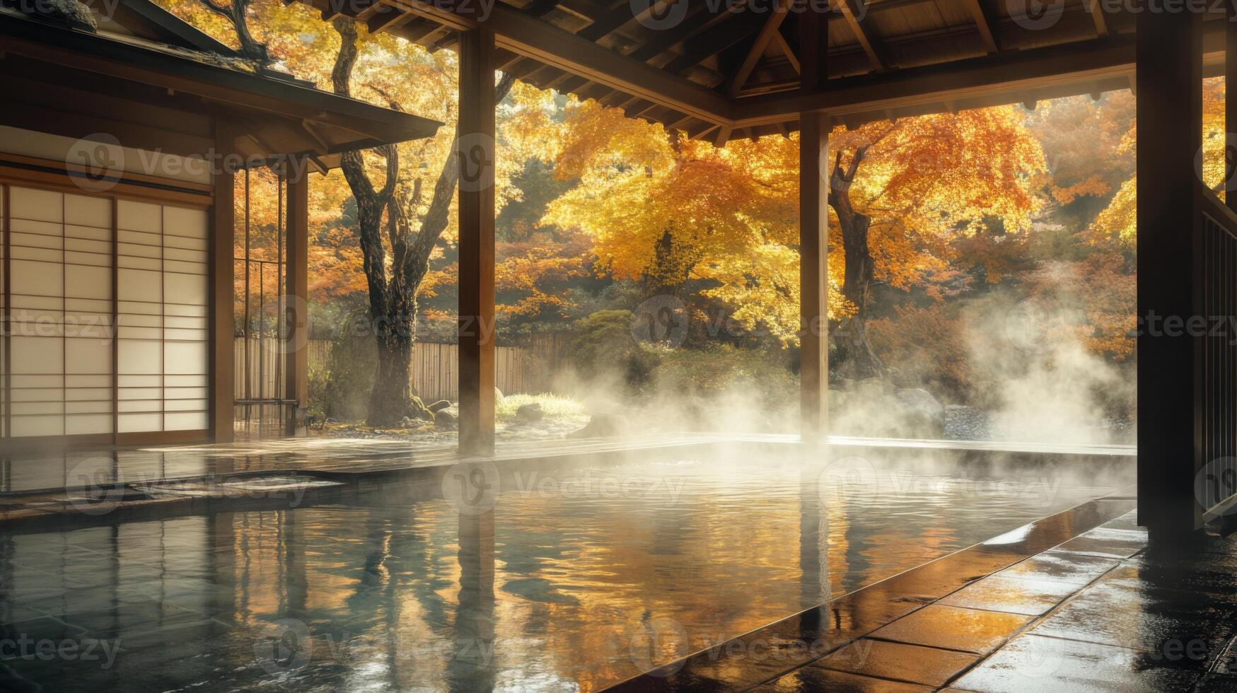Steaming Hot Spring Bath with Autumn Foliage View photo