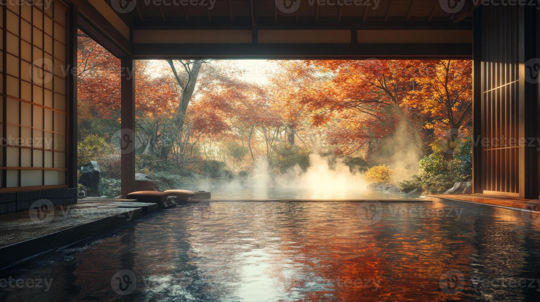 Japanese Onsen with Autumnal Forest View photo