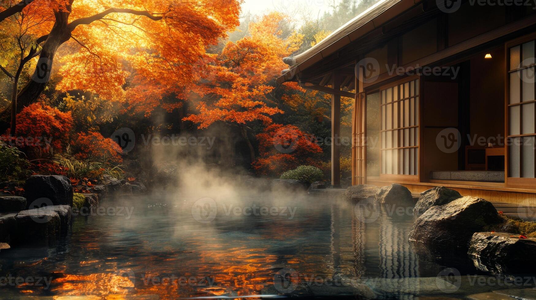 Traditional Japanese Onsen Hot Spring with Autumn Foliage and a Wooden House photo