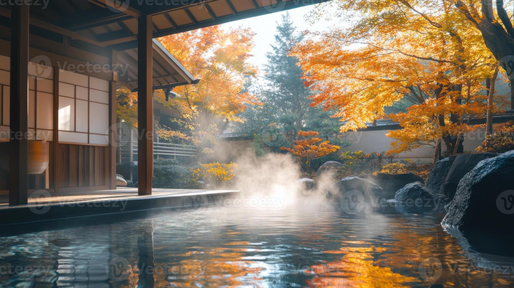 Steam Rising from a Hot Spring Surrounded by Autumn Trees photo