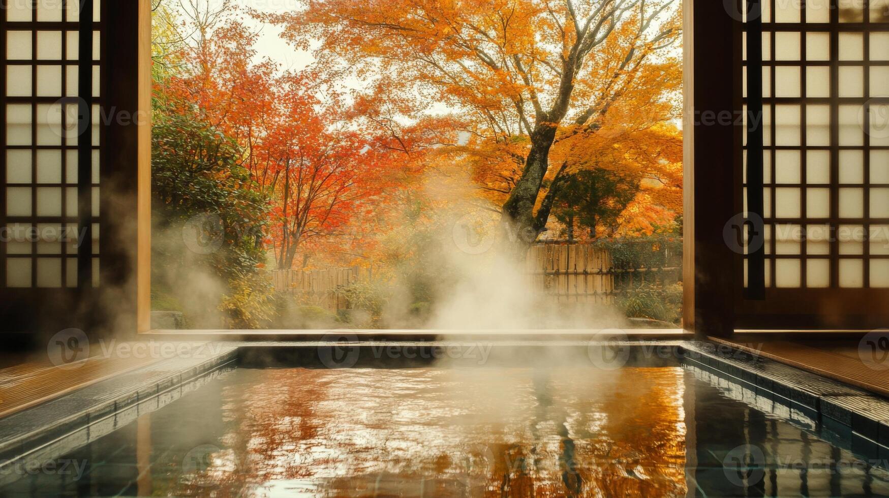 A Steamy Onsen Bath with Autumnal Trees Outside a Japanese Window photo