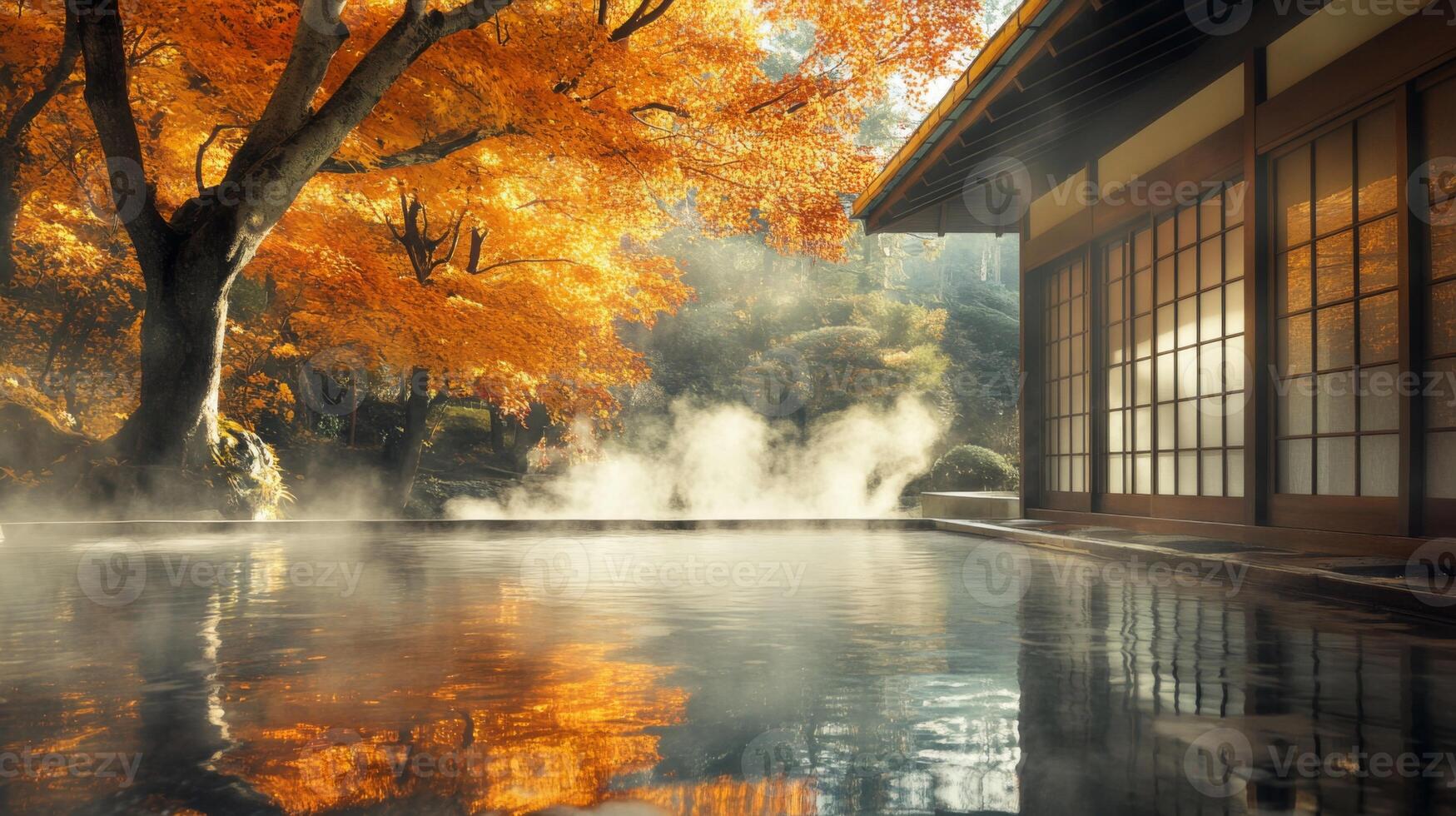 Tranquil Onsen Bath with Autumn Foliage Reflections photo