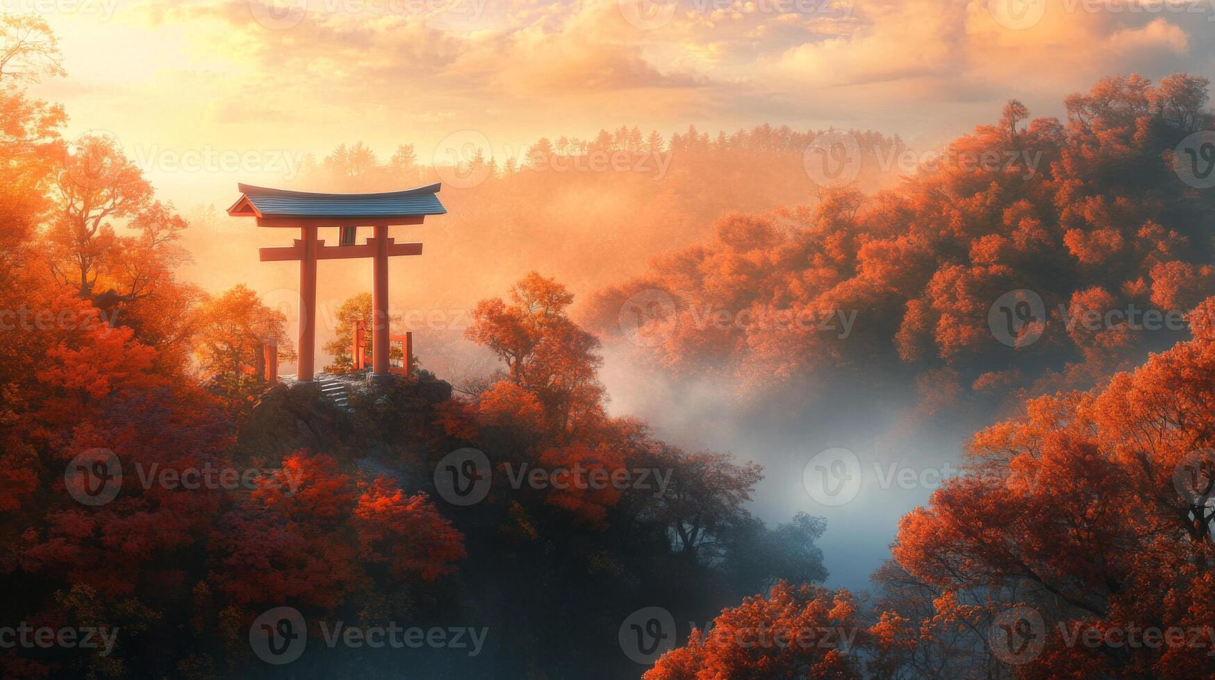 A Red Torii Gate Stands Alone Amidst an Autumnal Foggy Forest photo