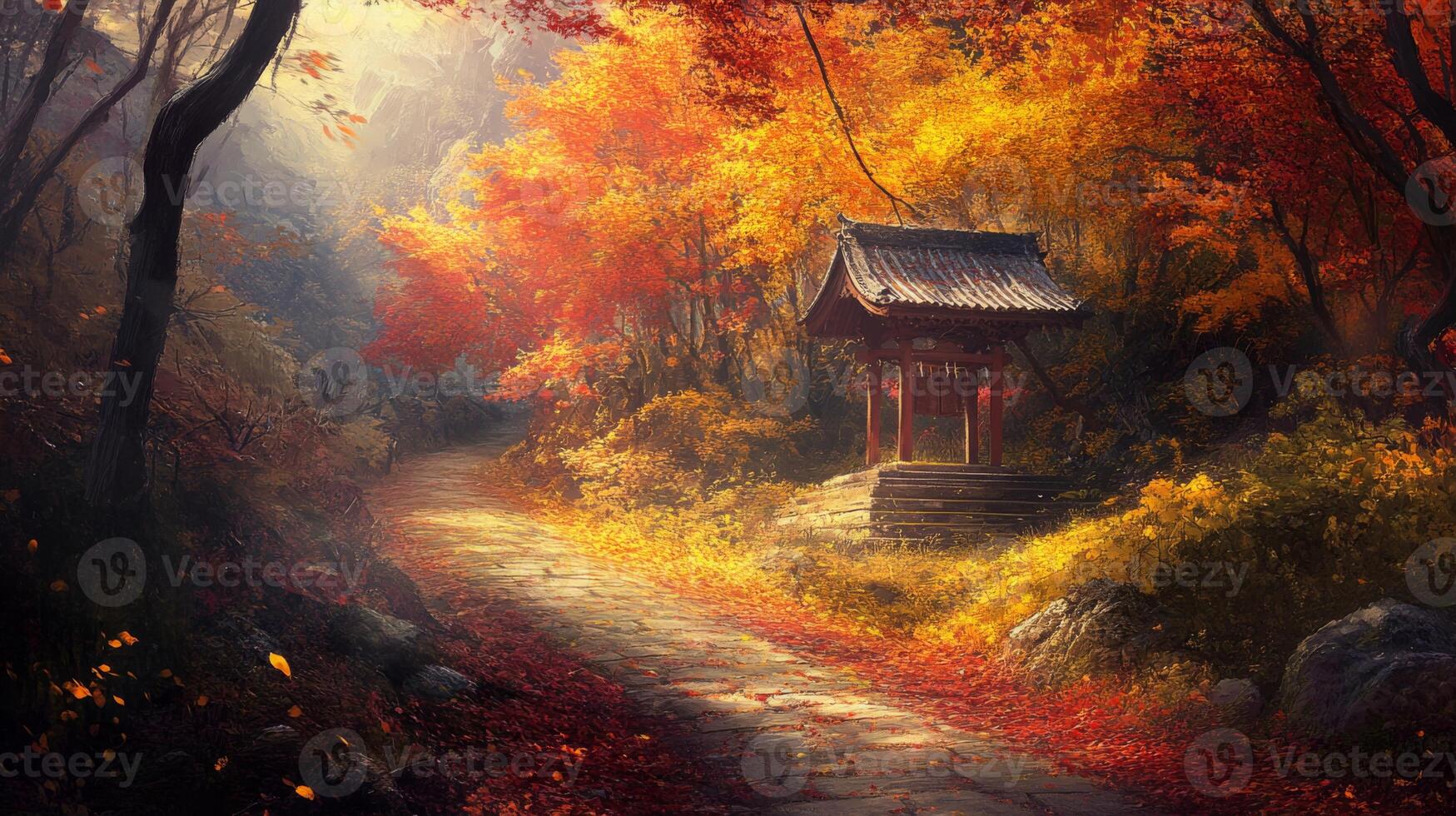 A Stone Path Leading to a Shrine in an Autumn Forest photo