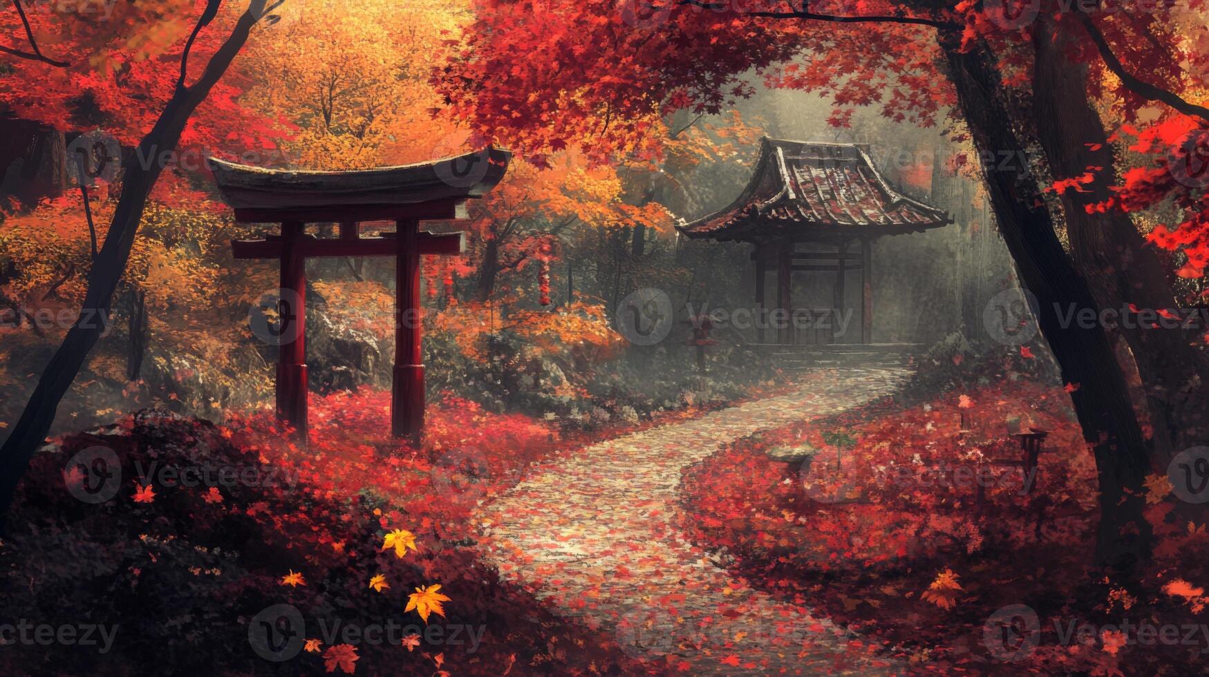 A Stone Path Through a Japanese Autumn Forest with a Torii Gate and Traditional Architecture photo