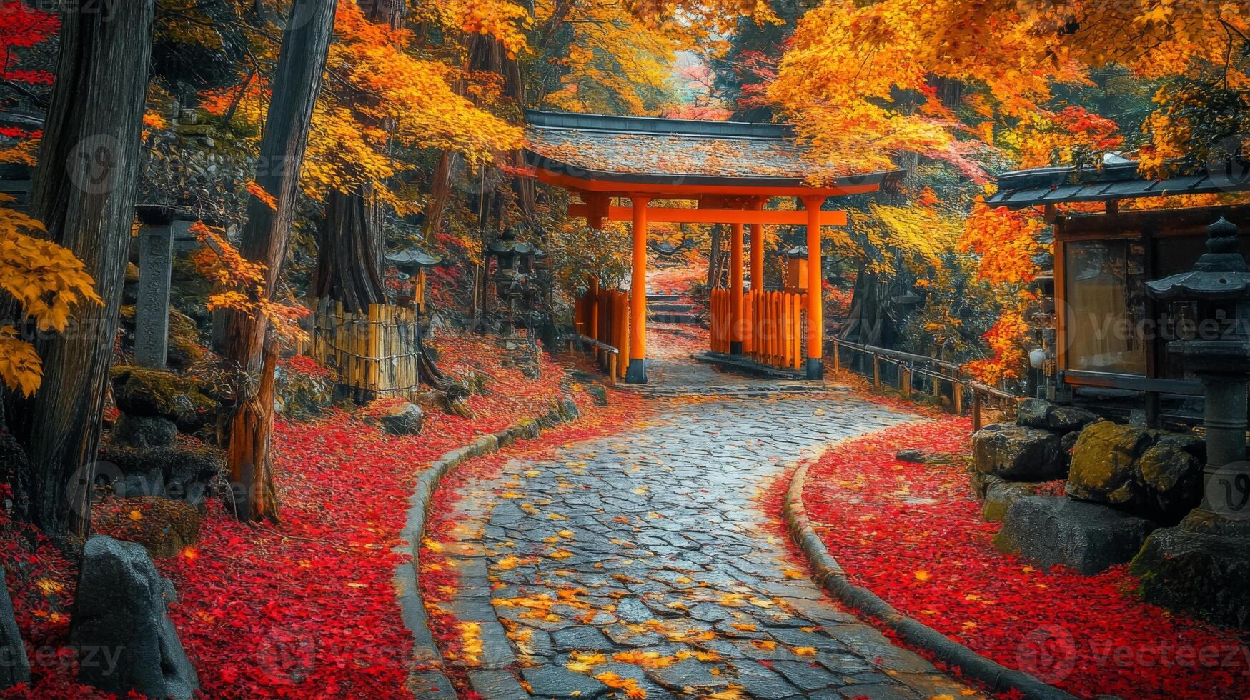 Stone Pathway Through Autumnal Japanese Forest with Torii Gate photo