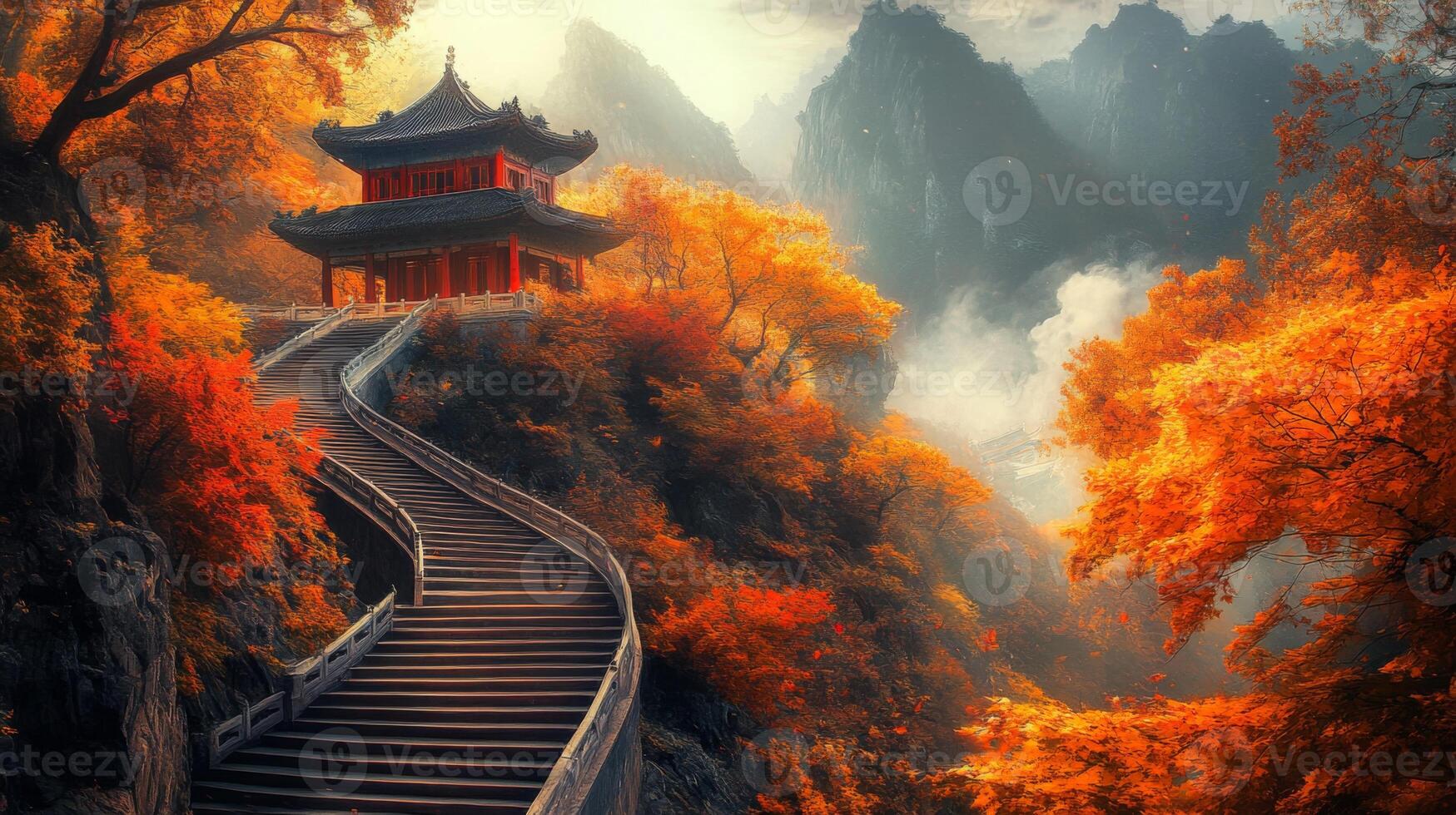 Winding Staircase Leading to a Pagoda in a Mountainous Landscape photo