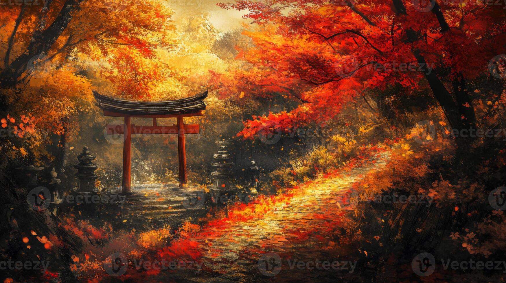 Autumnal Forest Path with Torii Gate and Stone Lanterns photo