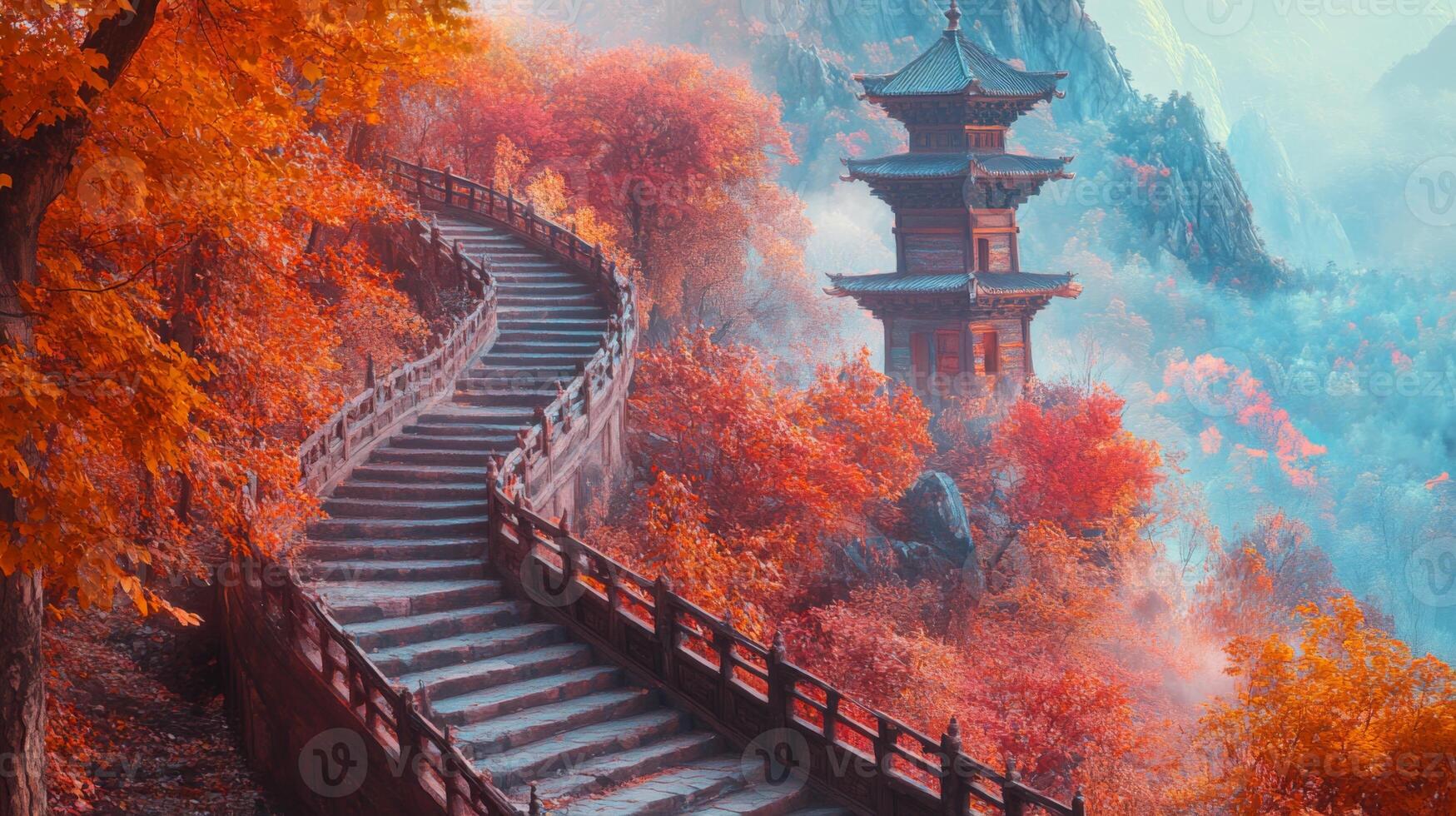 Winding Stone Steps Leading to a Pagoda in a Misty Autumn Forest photo