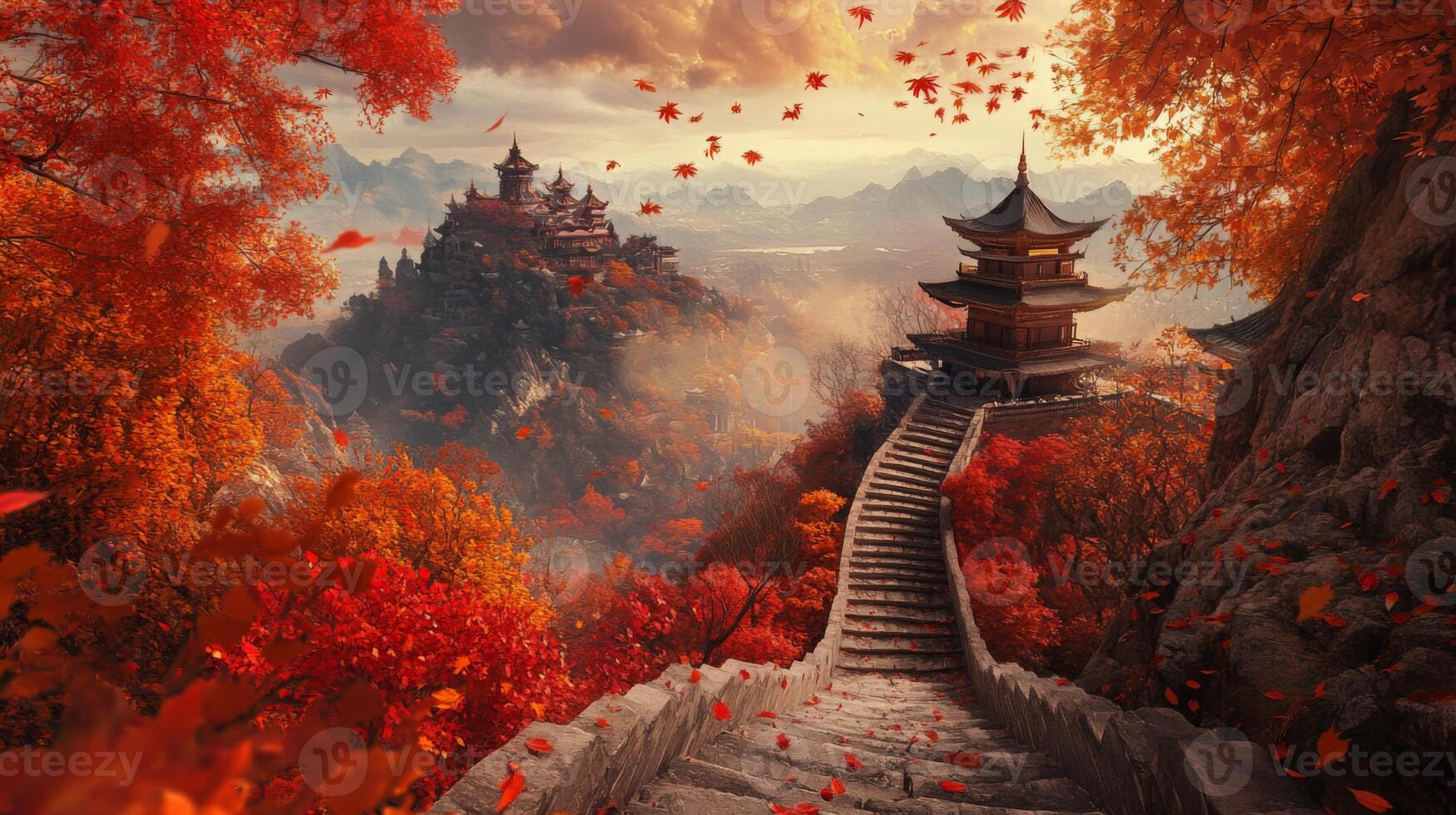Stone Steps Leading to a Pagoda on a Mountaintop Surrounded by Autumn Foliage photo