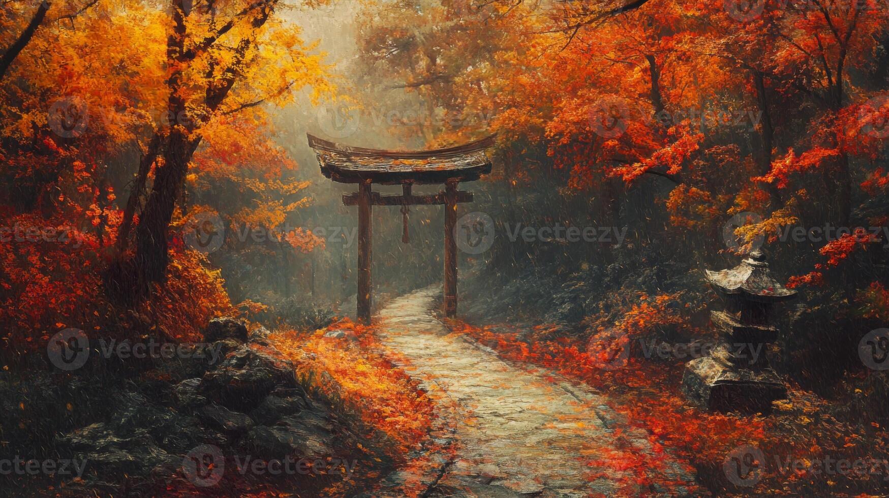 Autumnal Forest Path Leading to a Torii Gate photo
