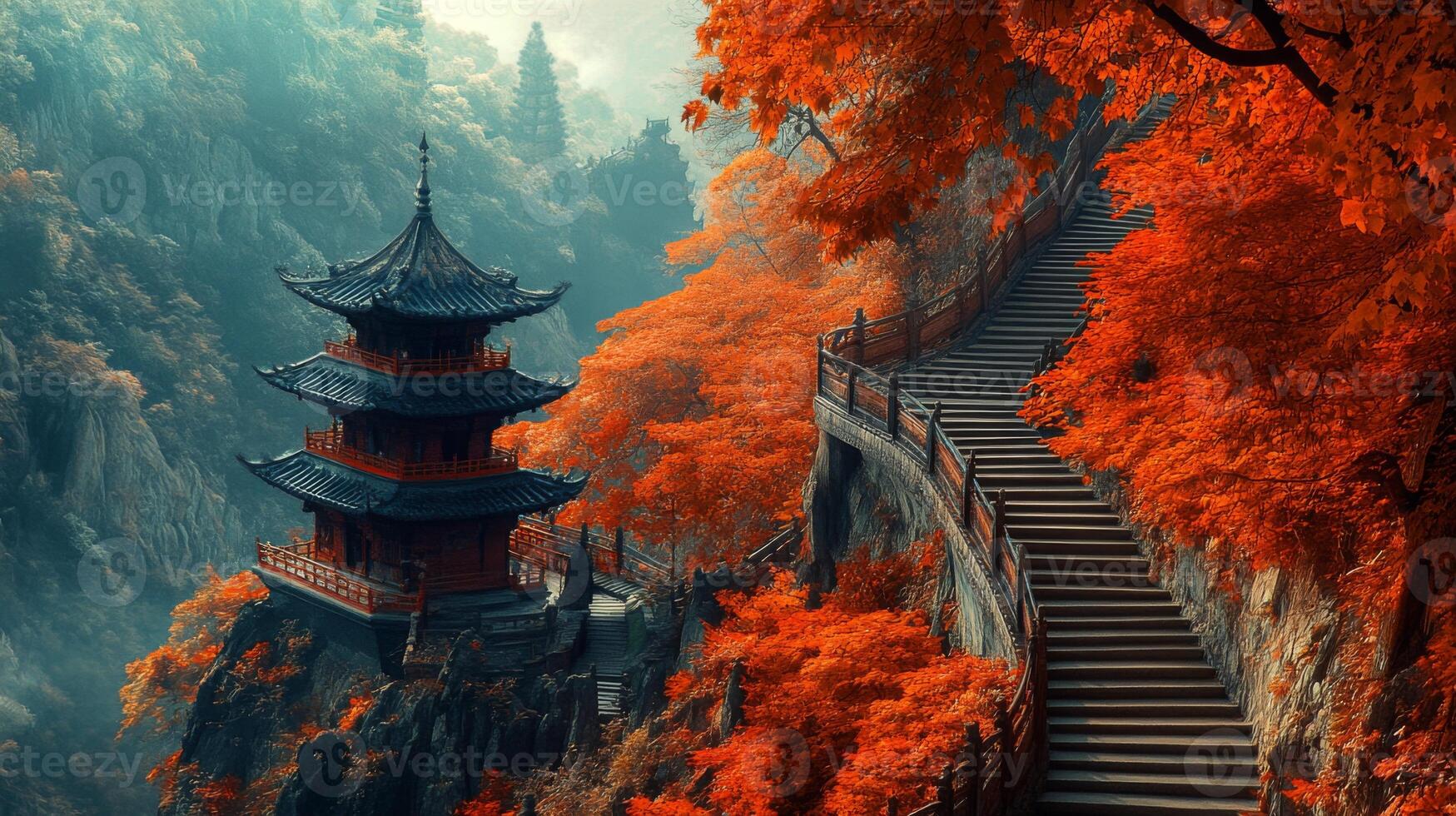Ancient Pagoda on a Mountainside with Winding Stone Steps and Red Leaves photo