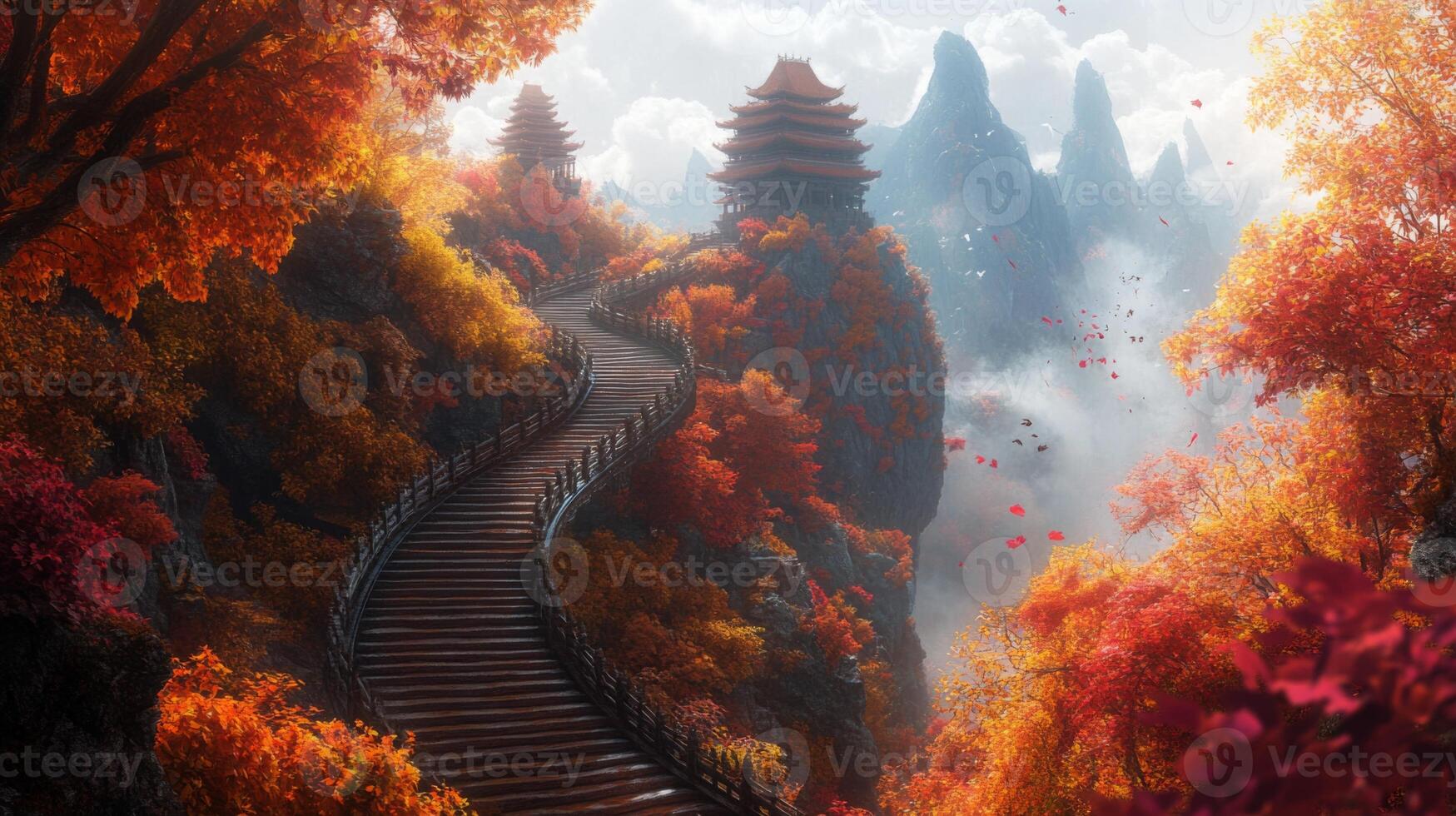 Winding Stairway Leading to a Pagoda in Autumnal Mountain Landscape photo