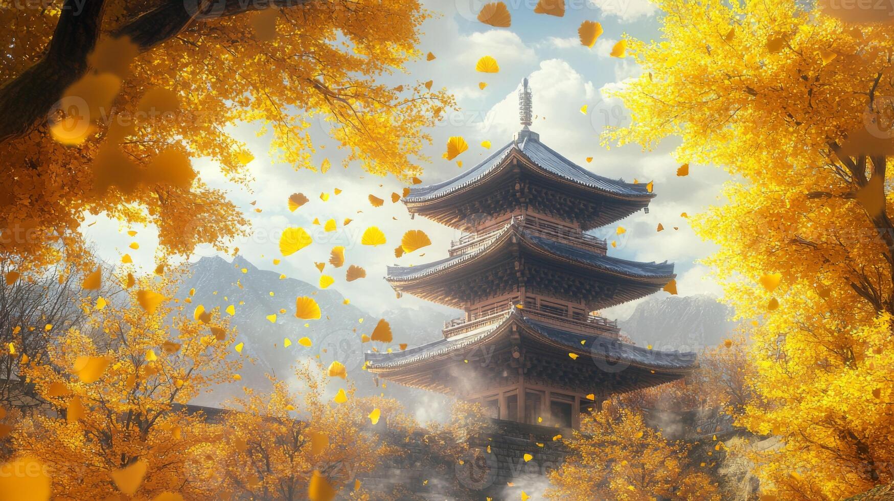 Ancient Pagoda Surrounded by Golden Autumn Trees photo