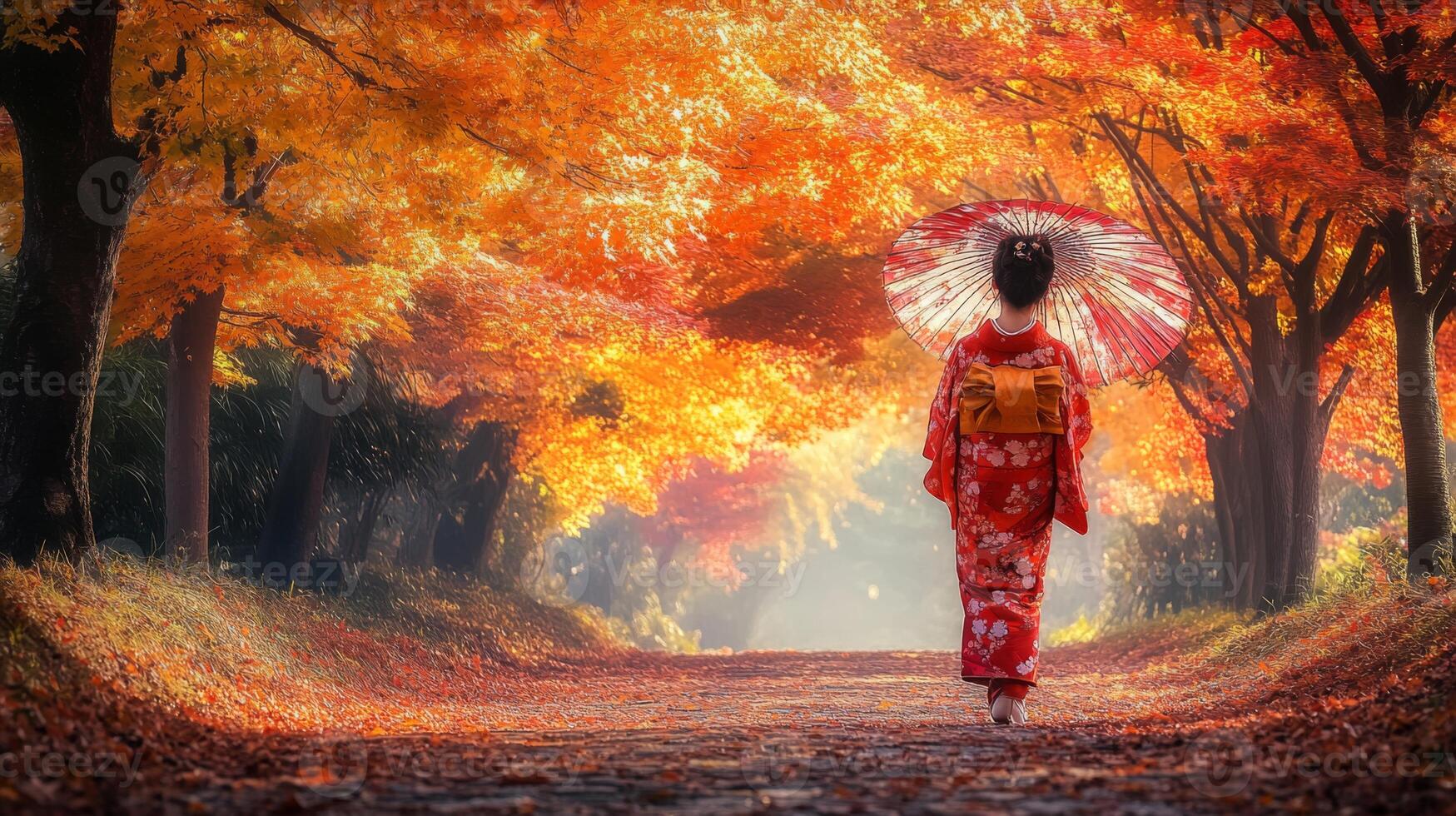 Woman in Red Kimono Walking Through Autumnal Forest photo