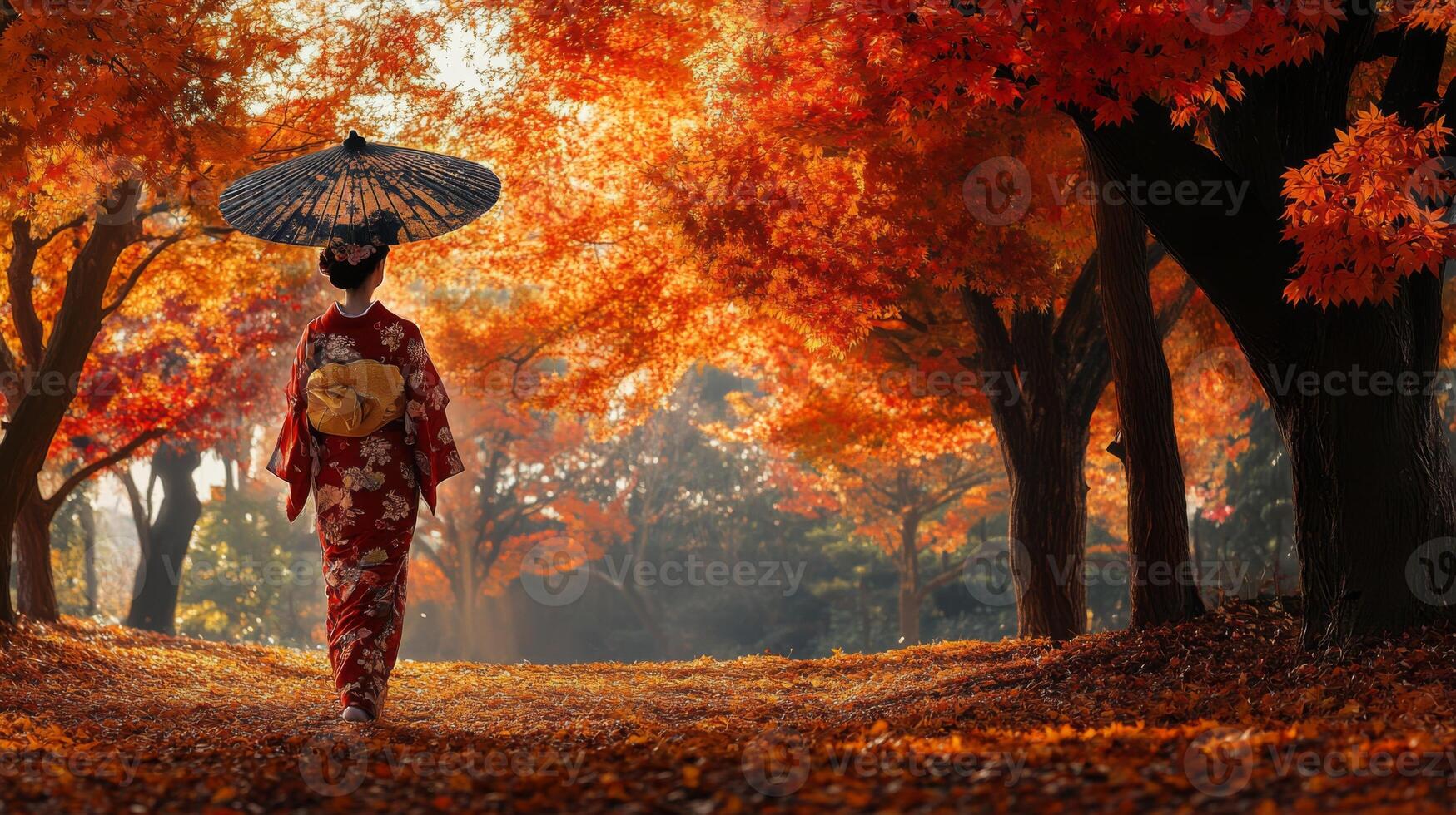 Woman in Kimono Walking Through Autumn Forest photo