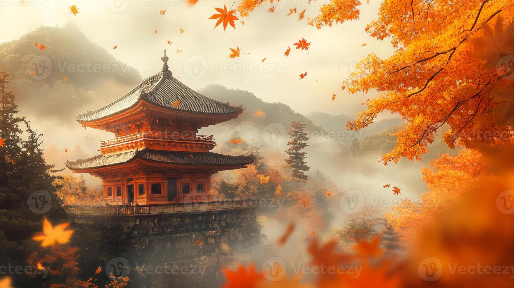 Autumnal Fog Envelops a Pagoda Amidst Vibrant Maple Trees photo