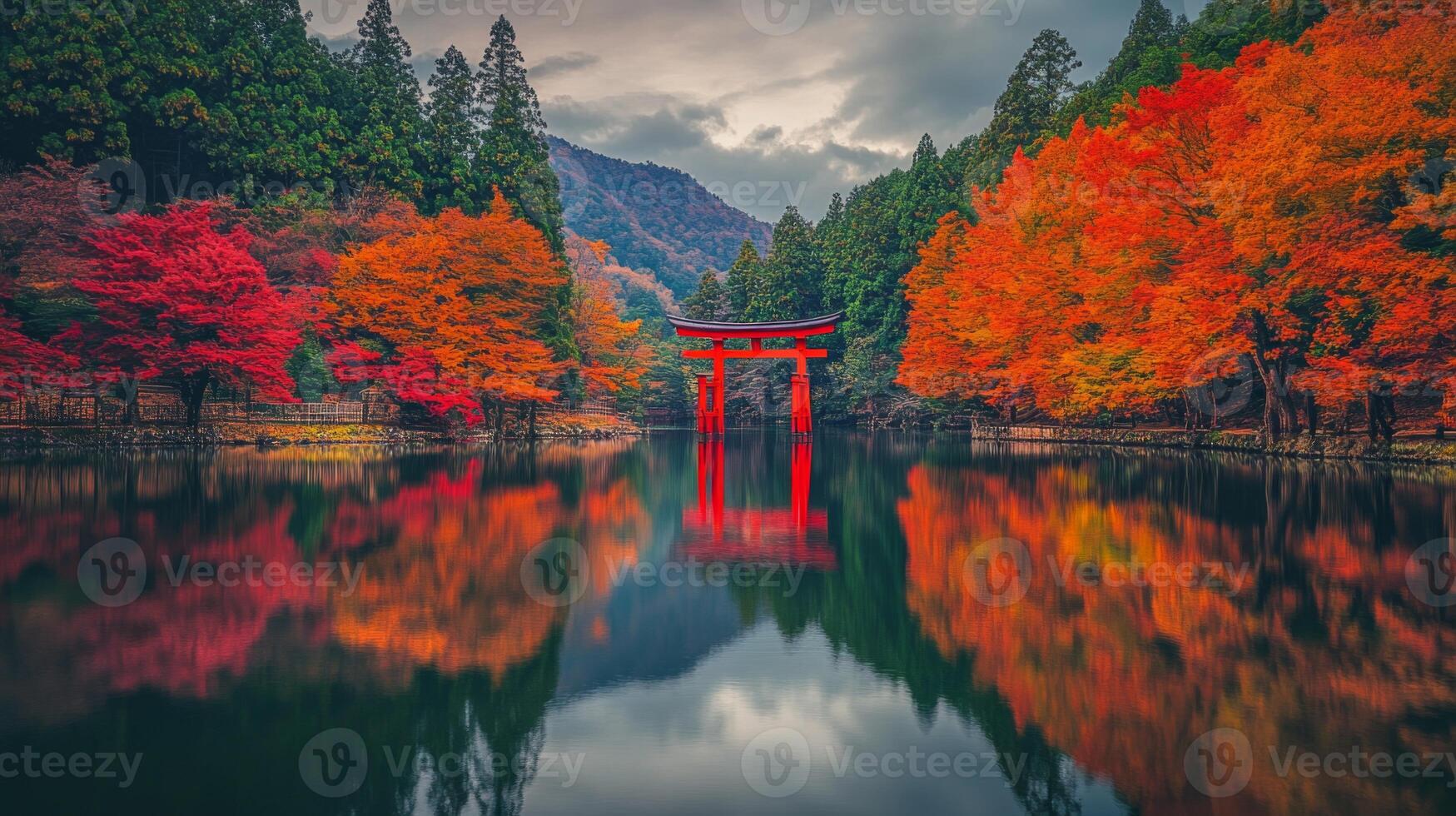 Red Torii Gate Reflecting in Tranquil Lake Surrounded by Autumnal Forest photo