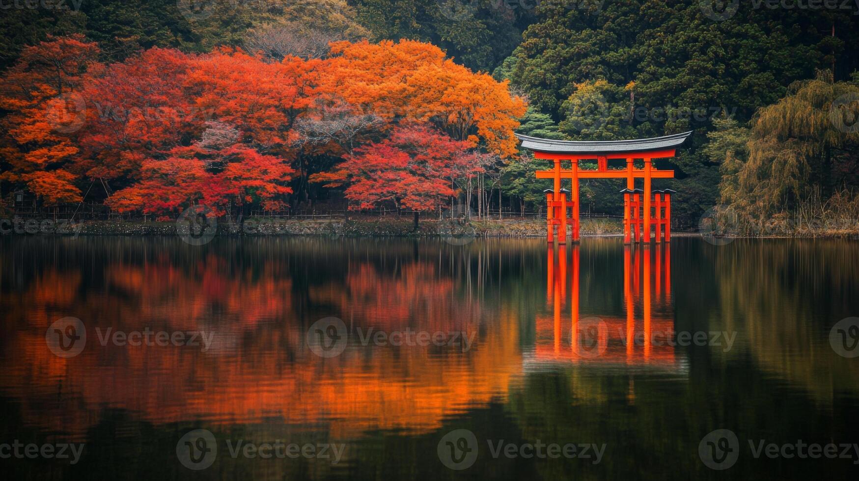 Red Torii Gate and Autumn Leaves Reflected in Still Water photo