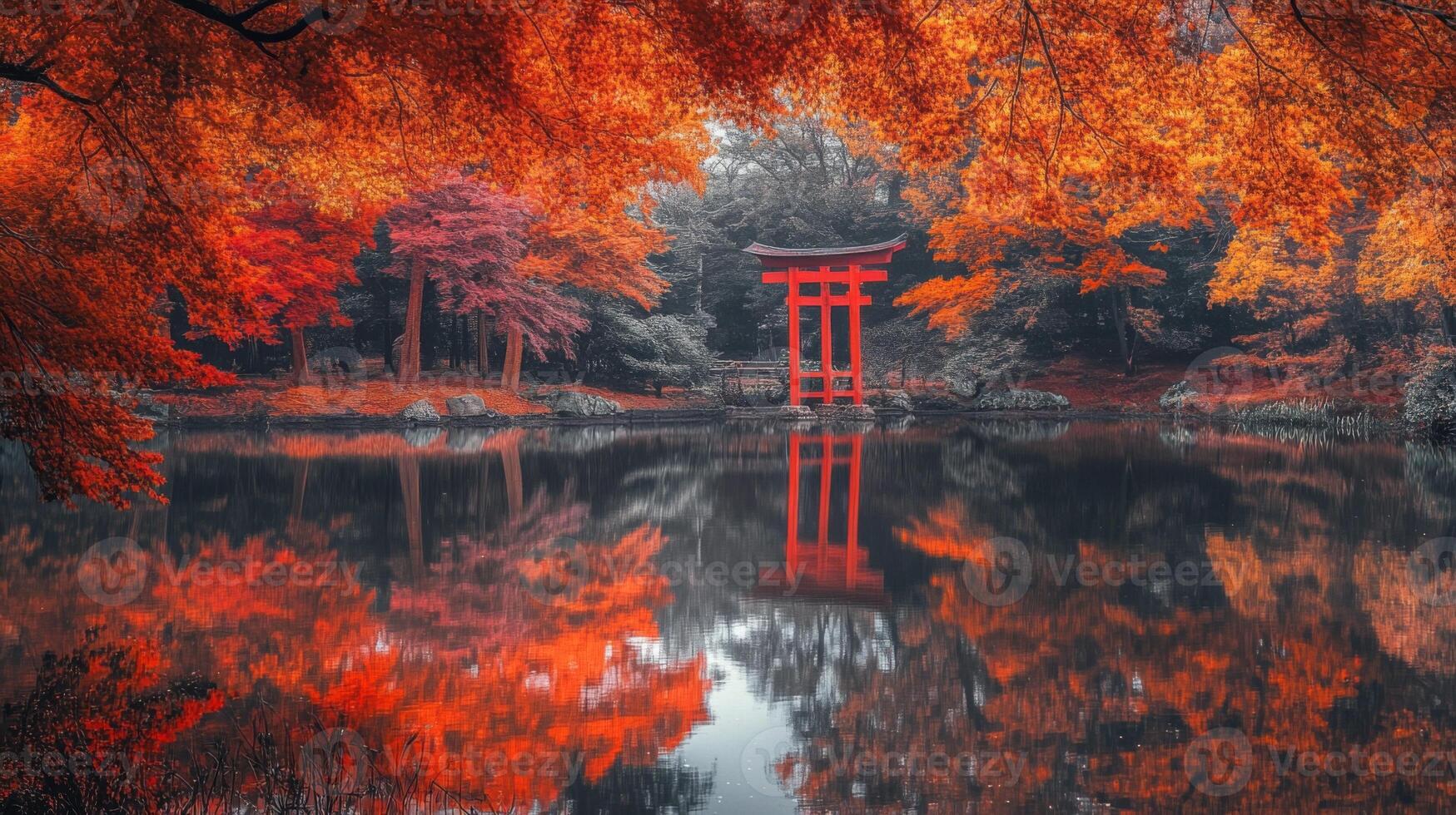 Red Torii Gate Reflecting in a Tranquil Autumn Lake photo