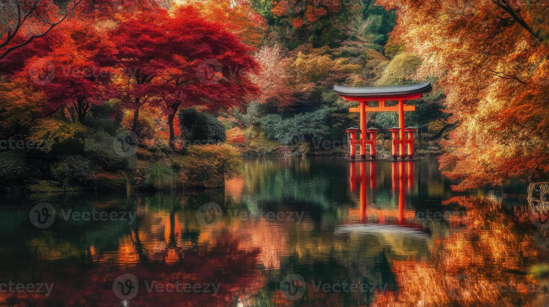 Red Torii Gate Reflecting in Autumnal Pond photo