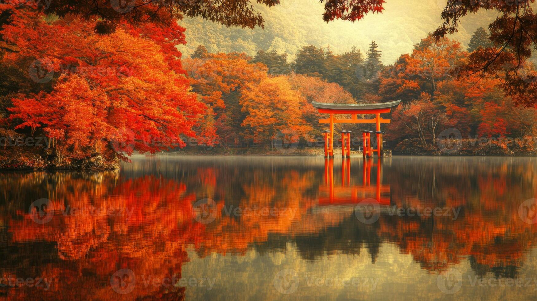 Red Torii Gate and Autumn Foliage Reflected in Calm Water photo
