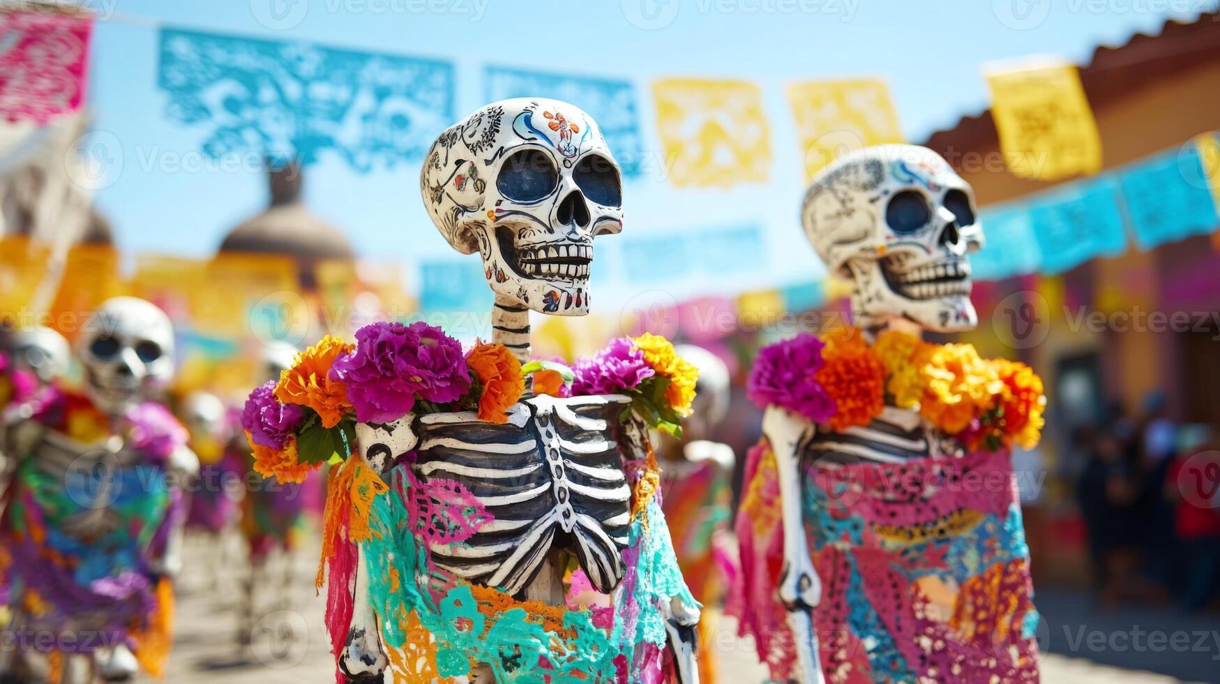 Decorated Skeletons with Floral Wreaths During Day of the Dead Celebration photo