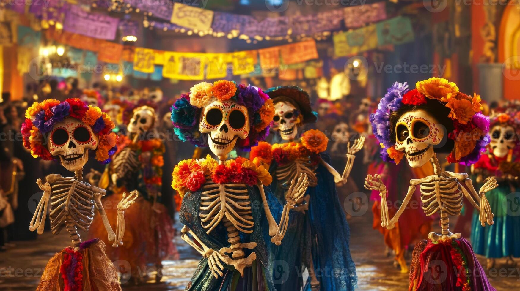 Skeletons in Floral Headdresses and Colorful Garments photo