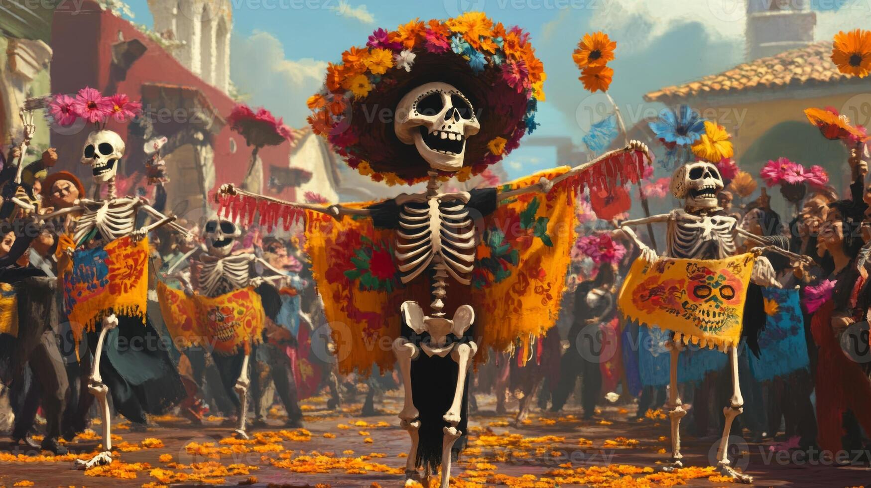 A Skeleton in a Flower Crown Leads a Parade of Skeletons and People photo