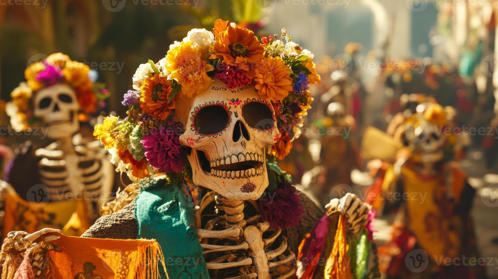 A Skeleton Wearing a Floral Wreath and Holding Orange Fabric During the Day of the Dead Celebration photo